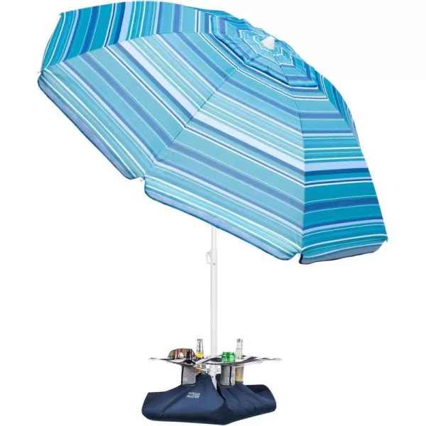 OutdoorMaster Beach Umbrella with Sand Bag  65ft Beach Umbrella with Sand Anchor UPF 50 PU Coating with Carry Bag for Patio and Outdoor  Navy StripedB03 New VersionLight Blue Striped with Cup Holder