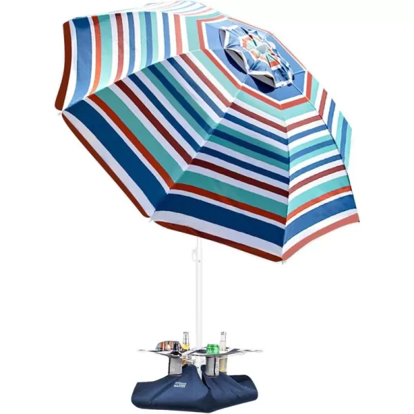 OutdoorMaster Beach Umbrella with Sand Bag  65ft Beach Umbrella with Sand Anchor UPF 50 PU Coating with Carry Bag for Patio and Outdoor  Navy StripedNew VersionBlueRed Striped with Cup Holder