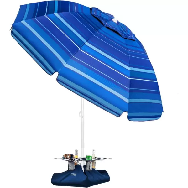 OutdoorMaster Beach Umbrella with Sand Bag  65ft Beach Umbrella with Sand Anchor UPF 50 PU Coating with Carry Bag for Patio and Outdoor  Navy StripedNew VersionDark Blue Striped with Cup Holder