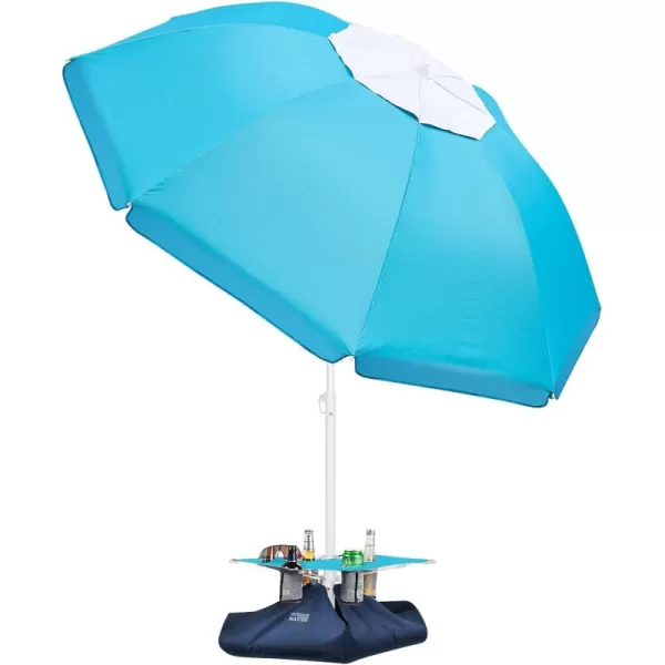 OutdoorMaster Beach Umbrella with Sand Bag  65ft Beach Umbrella with Sand Anchor UPF 50 PU Coating with Carry Bag for Patio and Outdoor  Navy StripedNew VersionTurquoise with Cup Holder