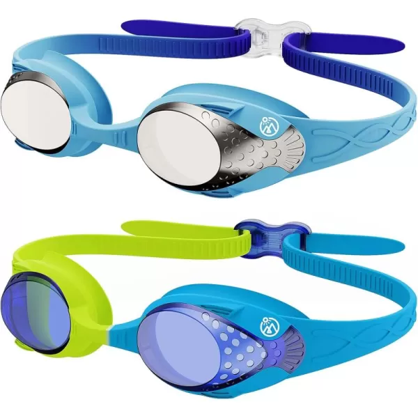 OutdoorMaster Kids Swim Goggles 2 Pack  Quick Adjustable Strap Swimming Goggles for Kids  A2 Packsilver Blue