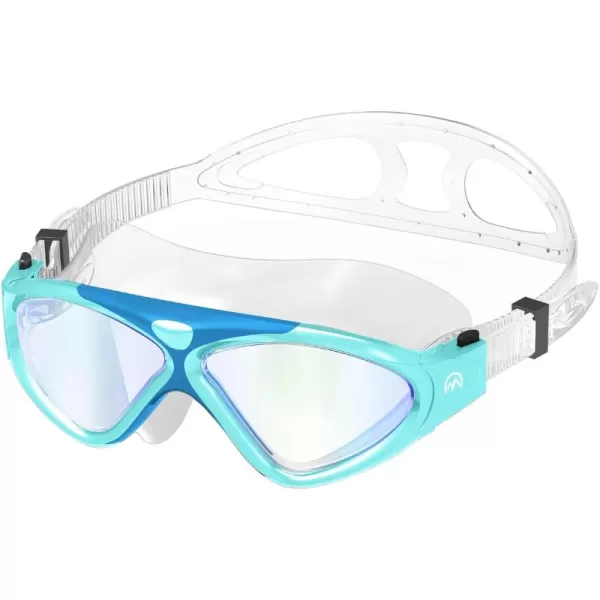 OutdoorMaster Swim Mask  Wide View Swimming Mask ampamp Goggles Antifog Waterproof BlackBlue Frame Blue Mirror Len