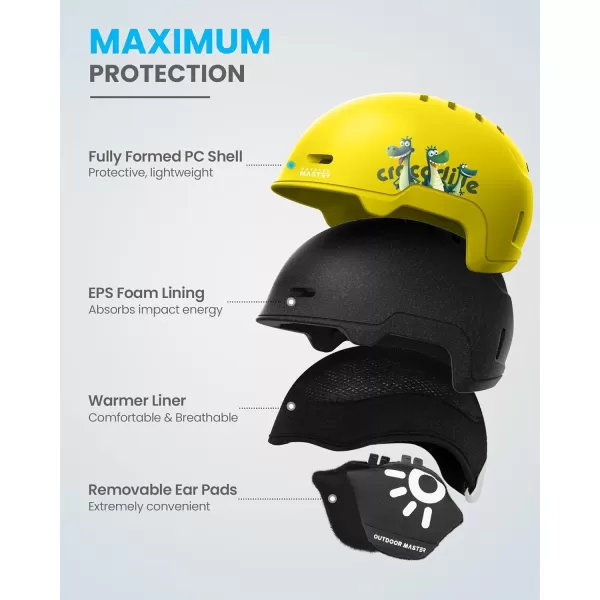 OutdoorMaster Kids Ski Helmet Snowboard Helmet for Boys Girls ampamp Youth Durable PC Shell Protective EPS Foam ampamp 12 Cooling Vents Dial Fit Snow Helmet Certified Snow Sport Helmet Snowboarding HelmetMatte Yellow