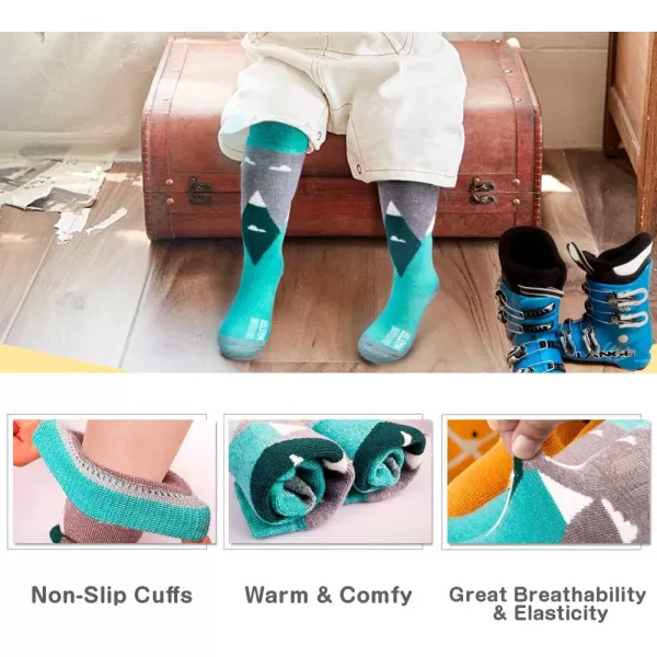 OutdoorMaster Kids Ski Socks  Merino Wool Blend Over the Calf DesignDust Gray  Blue Mountains  Woodland Green