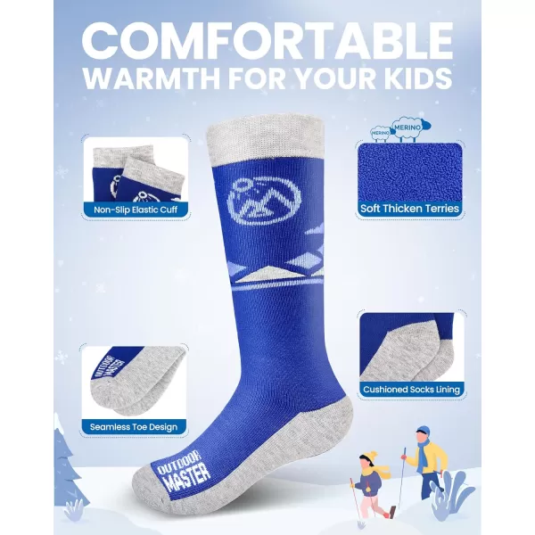 OutdoorMaster Kids Ski Socks  Merino Wool Blend Over the Calf DesignZ Blue Grey