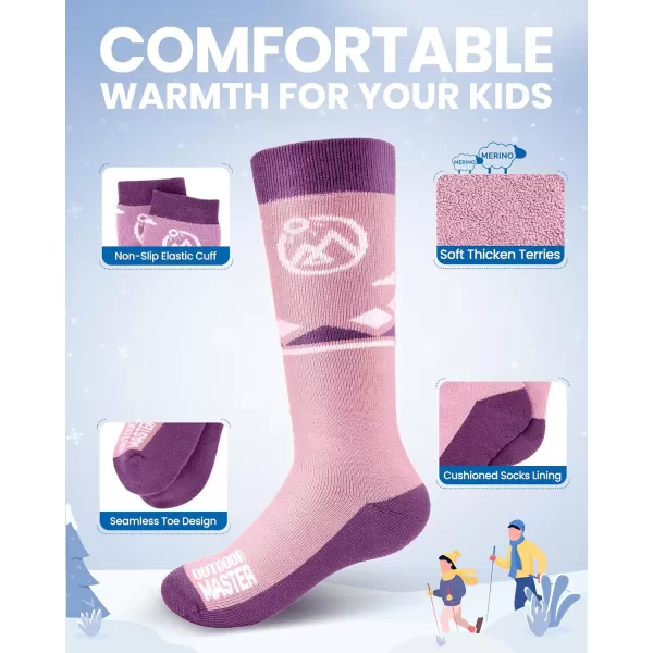 OutdoorMaster Kids Ski Socks  Merino Wool Blend Over the Calf DesignZ Peach Pink