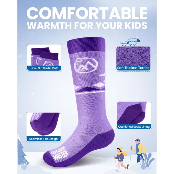 OutdoorMaster Kids Ski Socks  Merino Wool Blend Over the Calf DesignZ Purple