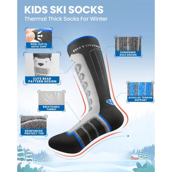 OutdoorMaster Kids Ski Socks 23Pack Merino Wool Compression Thermal Socks with Boys ampamp Girls Over The Calf NonSlip CuffBlack Gray