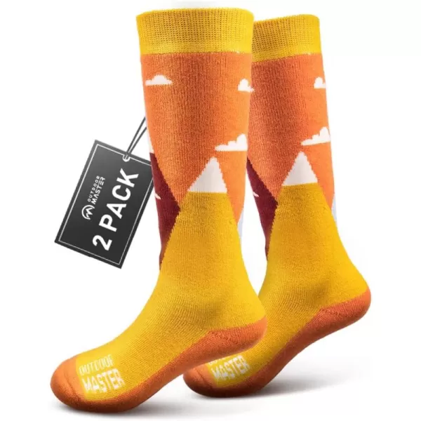 OutdoorMaster Kids Ski Socks  Merino Wool Blend Over the Calf DesignCarrot Orange  2 Pack