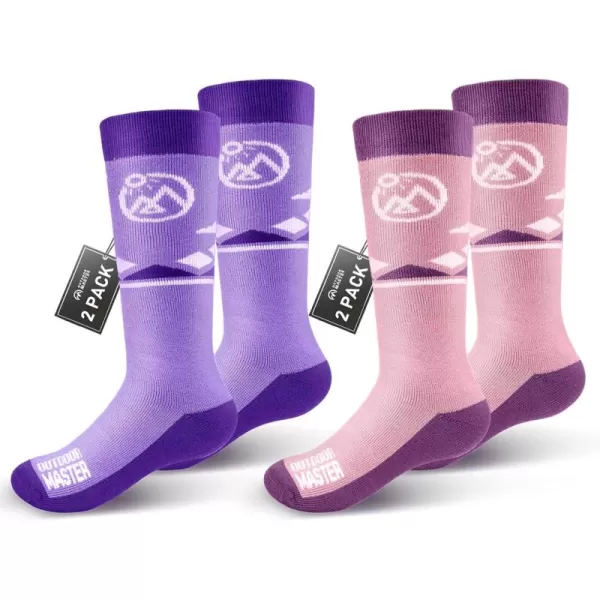 OutdoorMaster Kids Ski Socks  Merino Wool Blend Over the Calf DesignZ Purple peach Pink