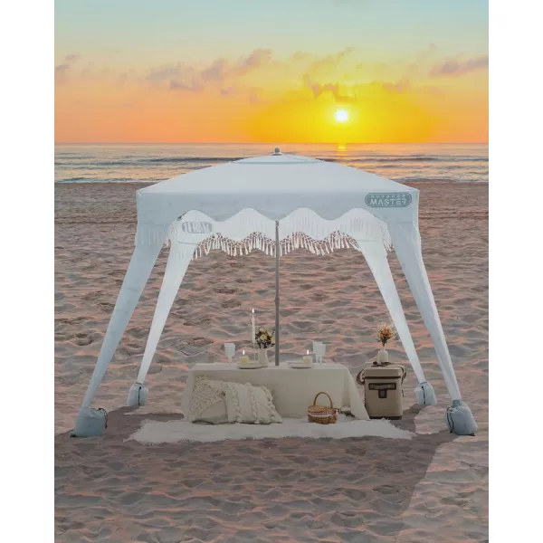 OutdoorMaster Beach Cabana with Fringe Portable 6 x 6 Beach Canopy Easy Set Up Beach Shelter Included Side Wall UPF 50 UV Protection Sun Umbrella  for Kids Family ampamp Friends Romantic WhiteWave Point