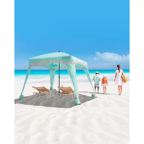 OutdoorMaster Beach Cabana with Fringe Portable 6 x 6 Beach Canopy Easy Set Up Beach Shelter Included Side Wall UPF 50 UV Protection Sun Umbrella  for Kids Family ampamp Friends Romantic WhiteStripes