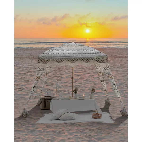 OutdoorMaster Beach Cabana with Fringe Portable 6 x 6 Beach Canopy Easy Set Up Beach Shelter Included Side Wall UPF 50 UV Protection Sun Umbrella  for Kids Family ampamp Friends Romantic WhiteRetro Brown