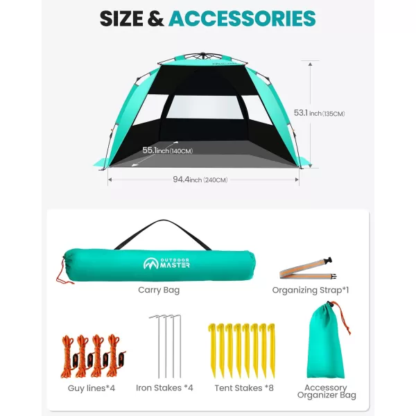 OutdoorMaster Beach Tent with Blackout Shelter Technology Portable Beach Shade Sun Shelter Canopy for 46 Person with UPF 50 UV Protection Easy Setup Pop Up Tent Family SizeGreen