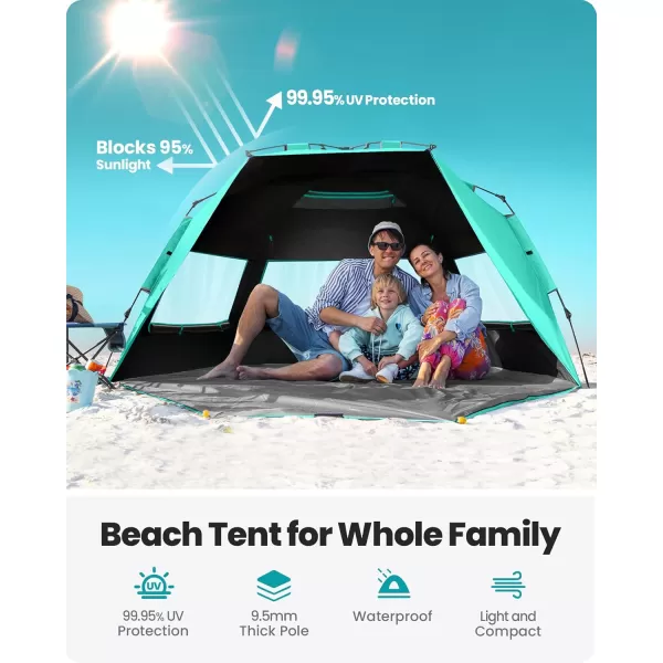 OutdoorMaster Beach Tent with Blackout Shelter Technology Portable Beach Shade Sun Shelter Canopy for 46 Person with UPF 50 UV Protection Easy Setup Pop Up Tent Family SizeGreen