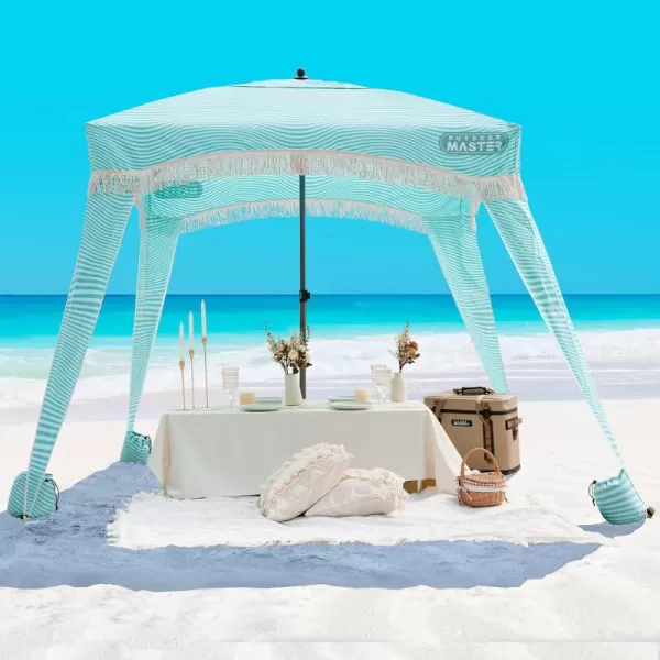 OutdoorMaster Beach Cabana with Fringe Portable 6 x 6 Beach Canopy Easy Set Up Beach Shelter Included Side Wall UPF 50 UV Protection Sun Umbrella  for Kids Family ampamp Friends Romantic WhiteStripes