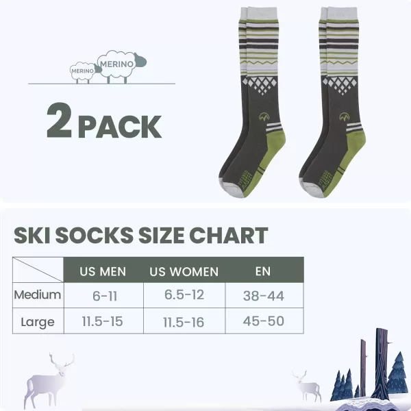 imageSki Socks 2Pack Merino Wool Over The Calf NonSlip Cuff for Men ampamp WomenOlive Green