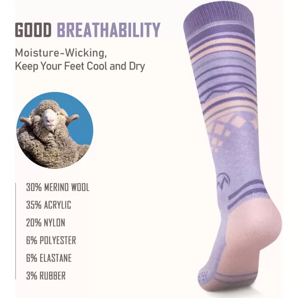 imageSki Socks 2Pack Merino Wool Over The Calf NonSlip Cuff for Men ampamp WomenPurple Pink