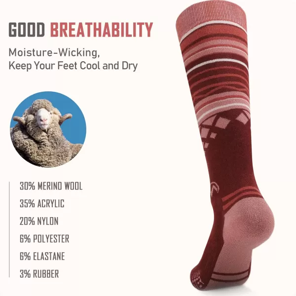 imageSki Socks 2Pack Merino Wool Over The Calf NonSlip Cuff for Men ampamp WomenVermilion