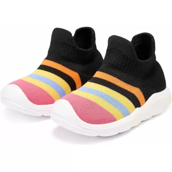 konhill Toddler Boys Girls Shoes Kids Walking Trainers Soft Knit Lightweight Tennis Cute Sneakers Elastic SocksBRainbow Black