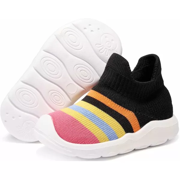 konhill Toddler Boys Girls Shoes Kids Walking Trainers Soft Knit Lightweight Tennis Cute Sneakers Elastic Socks 85 US Rainbow Black