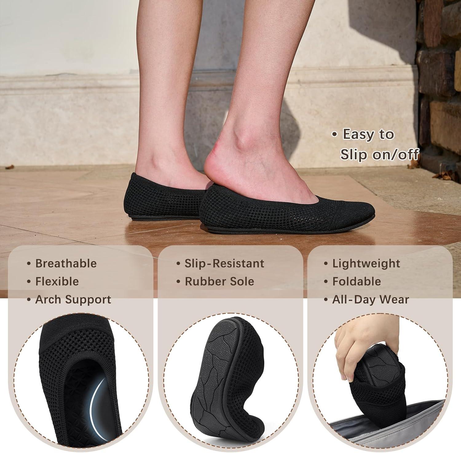 imagekonhill Womens Ballet Flat Shoes Round Toe Knit Slip On Ballerina Walking Flats Lightweight Women Dress Shoes for Work Travel Casual Walking 8 US Size Black