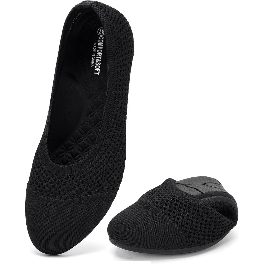 imagekonhill Womens Ballet Flat Shoes Round Toe Knit Slip On Ballerina Walking Flats Lightweight Women Dress Shoes for Work Travel Casual Walking 8 US Size Black