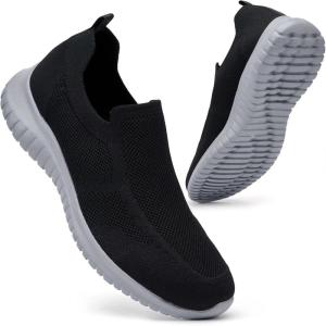 image:imagekonhill Mens Slip On Walking Shoes Lightweight Breathable Knit Tennis Sneakers Comfortable Casual Athletic Work Shoes for Gym TravelABlackGrey