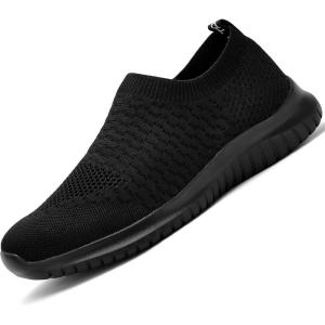 image:imagekonhill Mens Athletic Walking Shoes Breathable Knit Slip On Sneakers Comfortable Casual Work Tennis Shoes for Walking Working TravelAAll Black