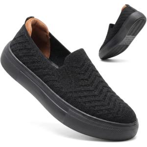 image:imagekonhill Womens Slip On Walking Shoes Lightweight Breathable Knit Casual Loafers Comfortable Fashion SneakersBAll Black