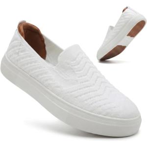 image:imagekonhill Womens Slip On Walking Shoes Lightweight Breathable Knit Casual Loafers Comfortable Fashion SneakersBAll White