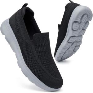 image:imagekonhill Mens Slip On Walking Shoes Breathable Knit Casual Sneakers Comfortable Laceless Mesh Loafers with Flexible Cushioning SoleABlackGrey