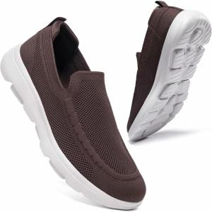image:imagekonhill Mens Slip On Walking Shoes Breathable Knit Casual Sneakers Comfortable Laceless Mesh Loafers with Flexible Cushioning SoleABrown