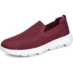 image:imagekonhill Mens Slip On Walking Shoes Breathable Knit Casual Sneakers Comfortable Laceless Mesh Loafers with Flexible Cushioning SoleABurgundy