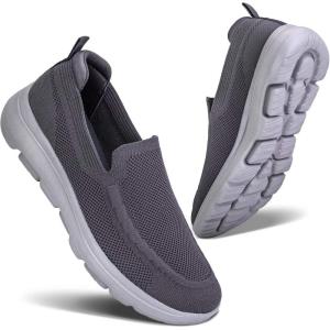 image:imagekonhill Mens Slip On Walking Shoes Breathable Knit Casual Sneakers Comfortable Laceless Mesh Loafers with Flexible Cushioning SoleADark GreyGrey