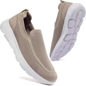 image:imagekonhill Mens Slip On Walking Shoes Breathable Knit Casual Sneakers Comfortable Laceless Mesh Loafers with Flexible Cushioning SoleAKhaki
