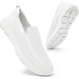 image:imagekonhill Mens Slip On Walking Shoes Breathable Knit Casual Sneakers Comfortable Laceless Mesh Loafers with Flexible Cushioning SoleAll White