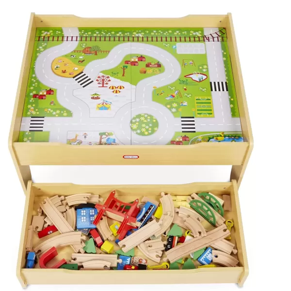 imageLittle Tikes Real Wooden Train and Kids Table Set with Over 80 Multicolor Pieces Activity Table with Storage Tracks Trains Cars and More  Train Set Table Playset for Boys and Girls 3 Years