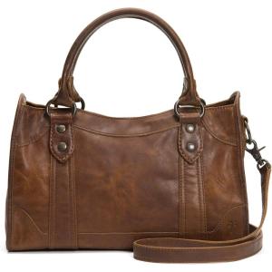 imageFrye Womens Melissa Zip Satchel Leather Handbag with Adjustable Shoulder Strap ampamp Top HandleDark Brown