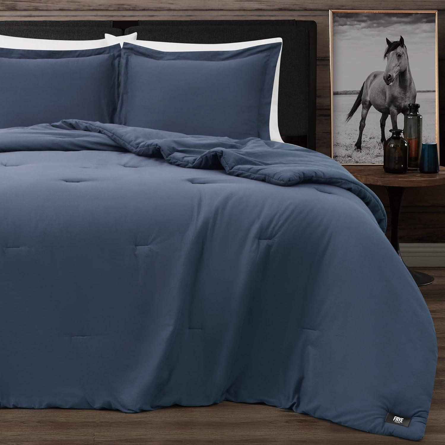 image:imageFrye Vintage Washed 100 Cotton 3Piece FullQueen Comforter Set in Blue Solid Color OekoTEX Certified