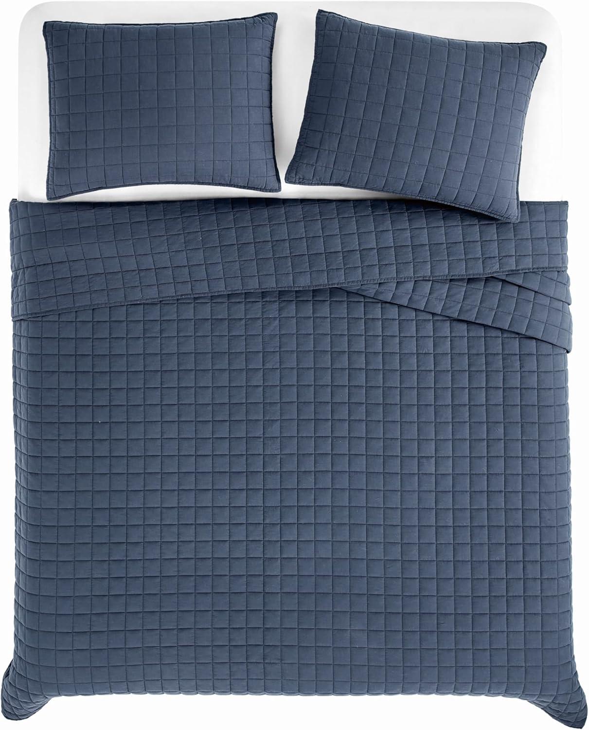 image:imageFrye Vintage Washed 100 Cotton 3Piece FullQueen Quilt Set in Blue Solid Color OekoTEX CertifiedBlue