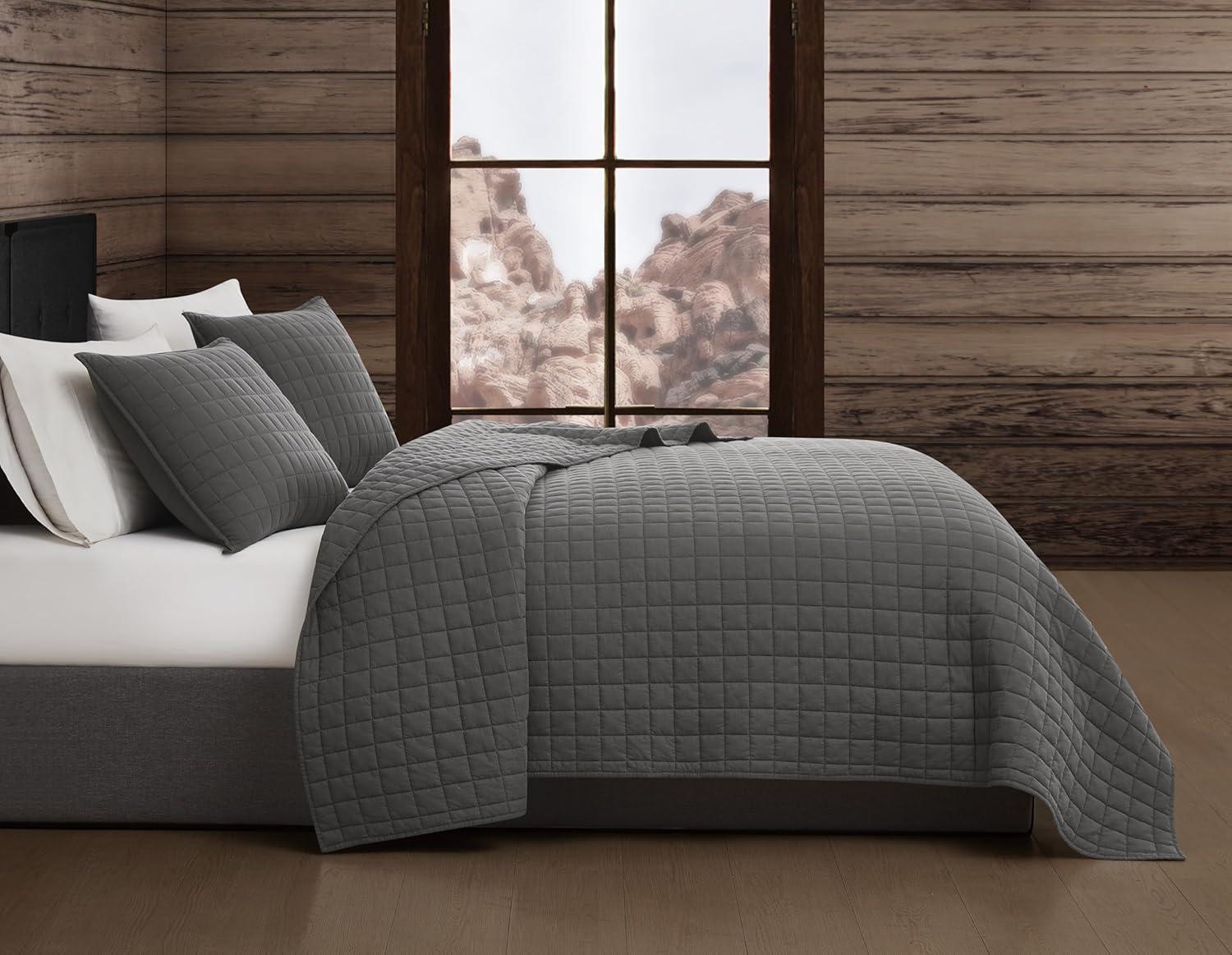 image:imageFrye Vintage Washed 100 Cotton 3Piece FullQueen Quilt Set in Grey Solid Color OekoTEX CertifiedGrey