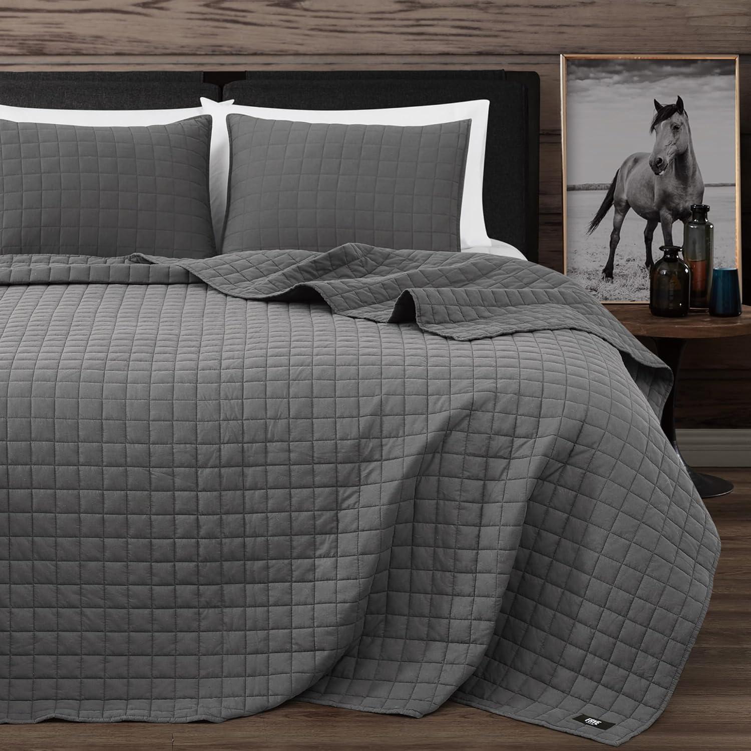 image:imageFrye Vintage Washed 100 Cotton 3Piece FullQueen Quilt Set in Grey Solid Color OekoTEX CertifiedGrey