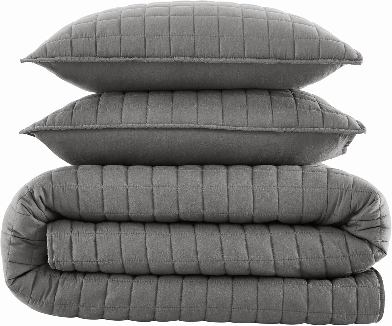 image:imageFrye Vintage Washed 100 Cotton 3Piece FullQueen Quilt Set in Grey Solid Color OekoTEX CertifiedGrey
