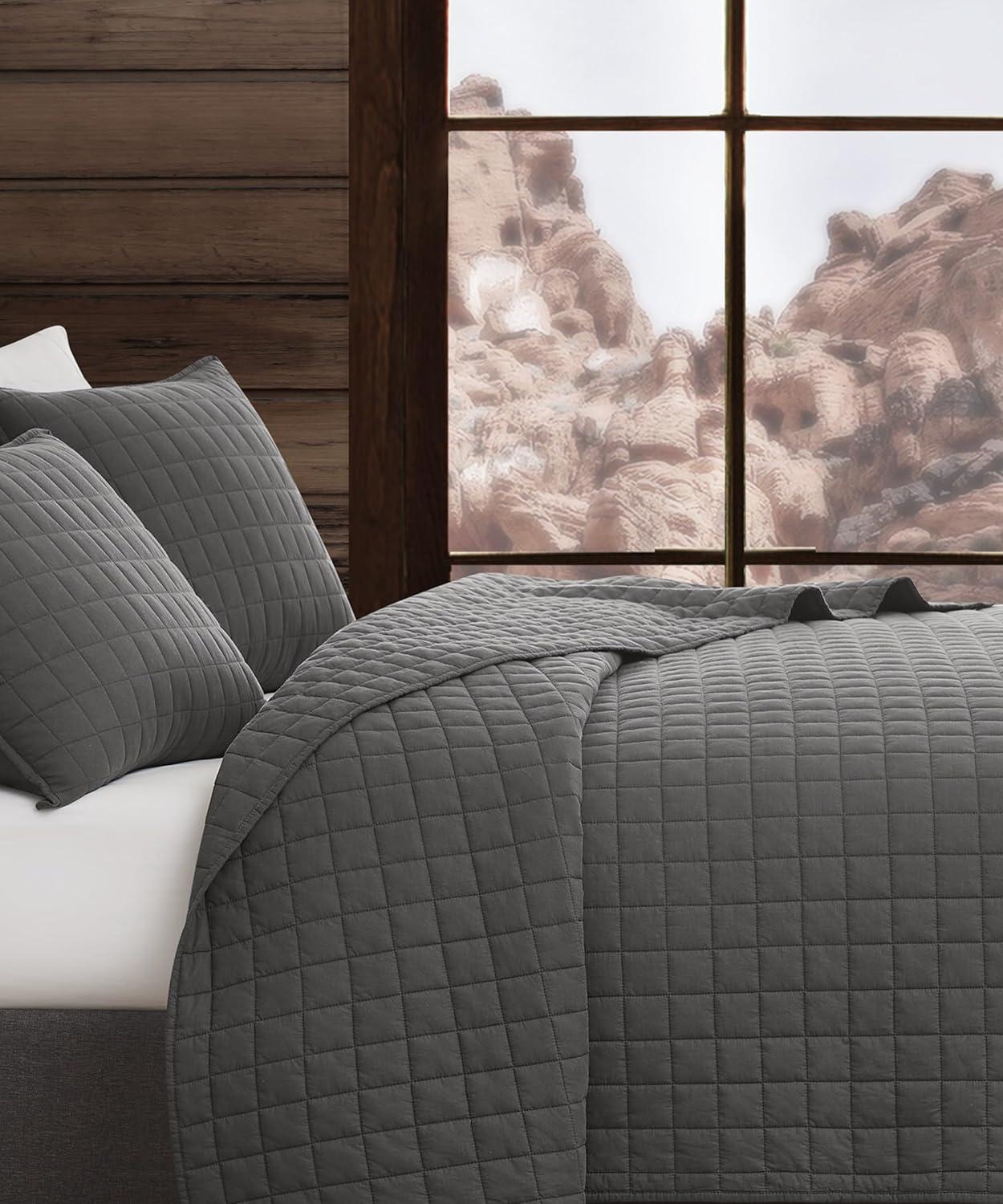 image:imageFrye Vintage Washed 100 Cotton 3Piece FullQueen Quilt Set in Grey Solid Color OekoTEX CertifiedGrey