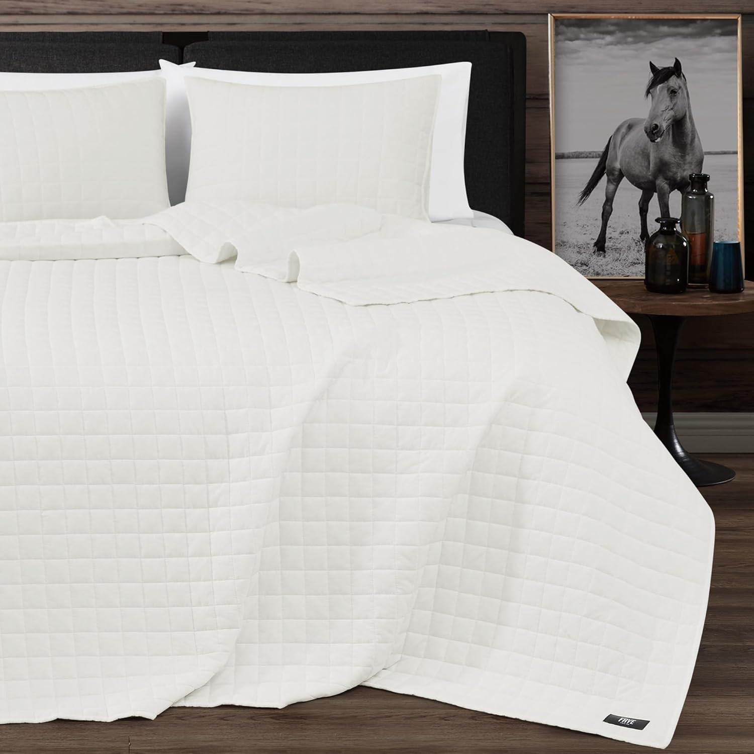 image:imageFrye Vintage Washed 100 Cotton 3Piece FullQueen Quilt Set in White Solid Color OekoTEX Certified