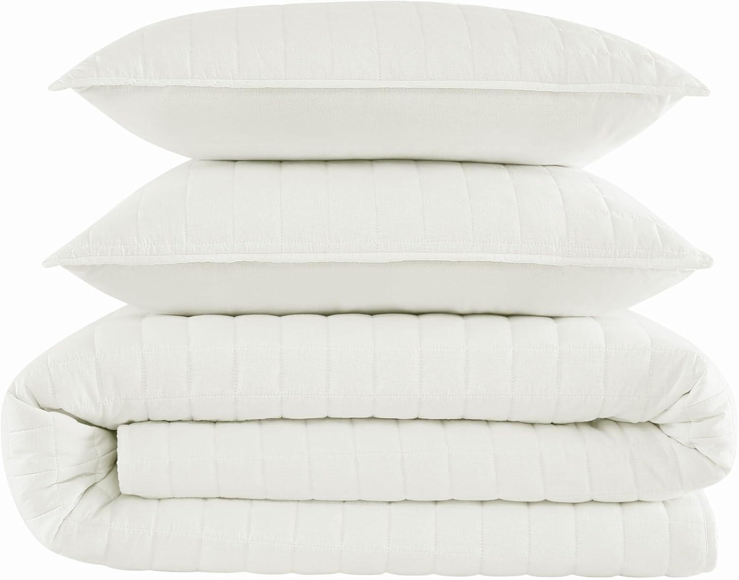 image:imageFrye Vintage Washed 100 Cotton 3Piece FullQueen Quilt Set in White Solid Color OekoTEX Certified