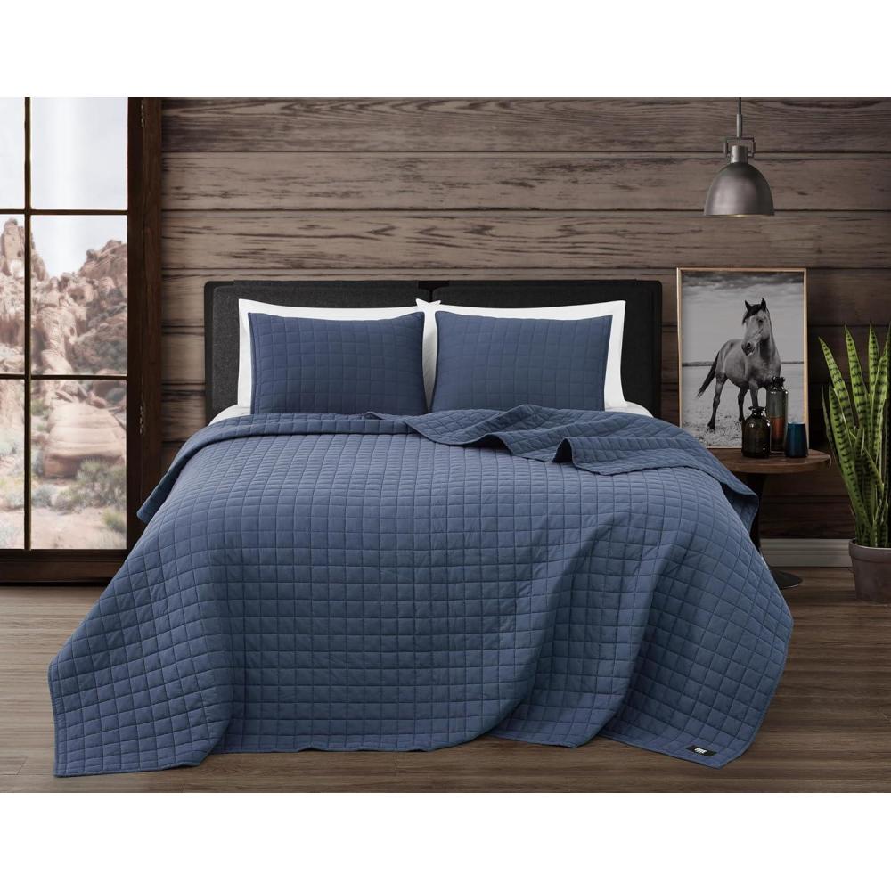 image:imageFrye Vintage Washed 100 Cotton 3Piece FullQueen Quilt Set in Blue Solid Color OekoTEX CertifiedBlue