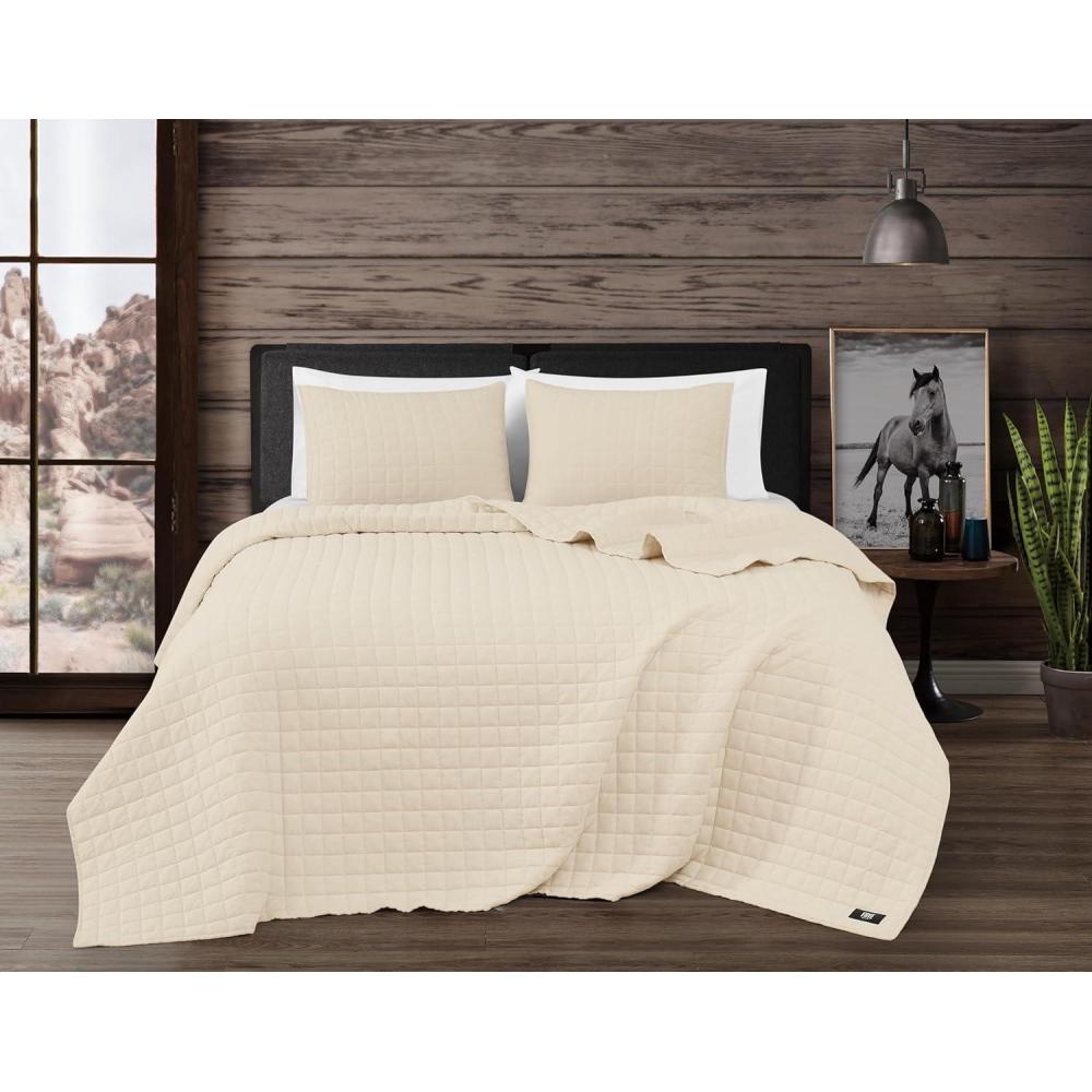 image:imageFrye Vintage Washed 100 Cotton 3Piece FullQueen Quilt Set in Blue Solid Color OekoTEX CertifiedNatural