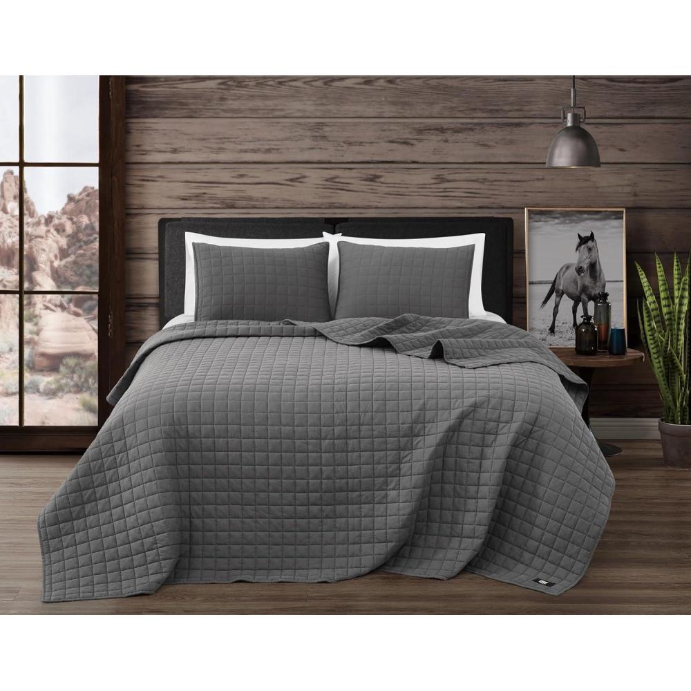 image:imageFrye Vintage Washed 100 Cotton 3Piece FullQueen Quilt Set in Grey Solid Color OekoTEX CertifiedGrey